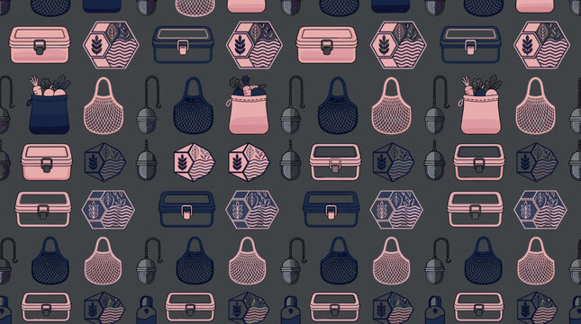Eco-conscious dining icons and sustainable kitchen symbols integrated into a sleek seamless repeating pattern for retail platforms