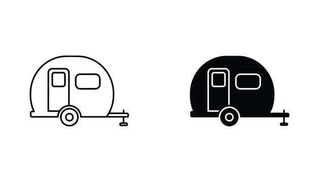 Small travel trailer camper van in outline and solid black silhouette vector icon for camping trips