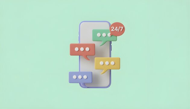 3D illustration of a smartphone with colorful speech bubbles and 24/7 service icon, online customer support and communication concept.