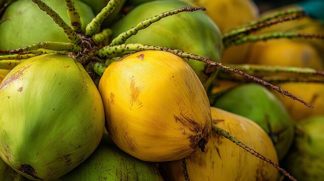 Close-up view of several green and yellow coconuts attached to their stems.