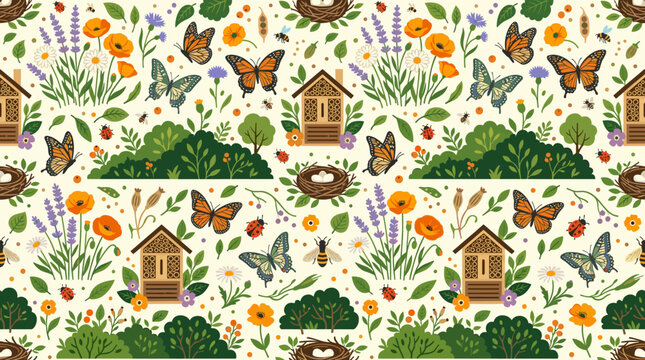 Charming garden pattern with butterflies, bees, ladybugs, and flowers