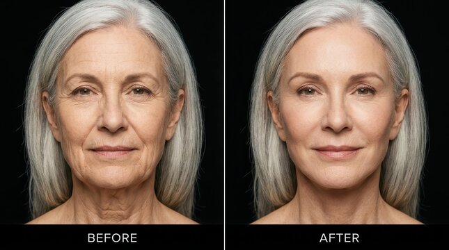 Before and after facelift procedure results showing a female face rejuvenation.