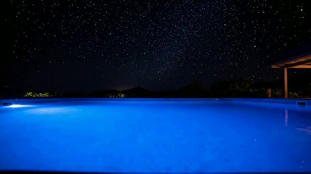 Stunning nighttime infinity pool glowing vibrant electric blue under starry sky with illuminated patio lights creating serene tranquil tropical resort ambiance perfect for peaceful relaxation