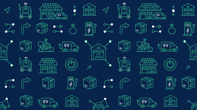 Green courier technology icons and sustainable transport symbols arranged in a sophisticated seamless repeating pattern for city