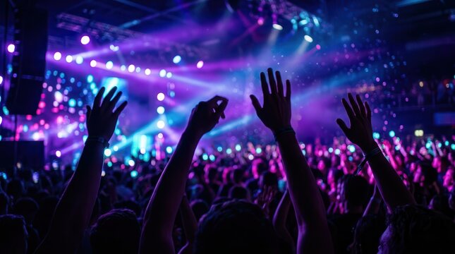 Crowd silhouettes with raised hands dancing under ultraviolet lights in a packed nightclub.