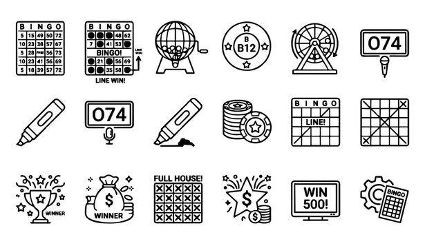 Bingo icon set featuring lottery cards prize balls tumblers dabber markers winner trophies money bags and gambling competition gaming symbols