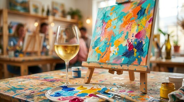 Two glasses of white wine and art supplies on a colorful table for a paint and sip session.