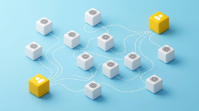 Two people finding common language and building connections through white cubes.