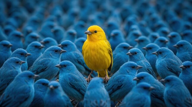 A vibrant yellow bird stands out among a crowd of identical blue birds symbolizing individuality.