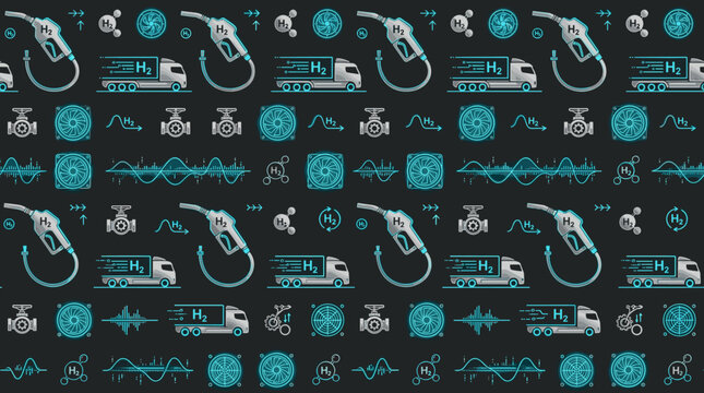 Hydrogen refueling station icons and clean transport symbols arranged in a sophisticated seamless repeating pattern for tech