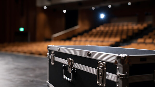Industrial road case on an empty theater stage, ready for equipment transport, against a blurred backdrop of orange auditorium seats
