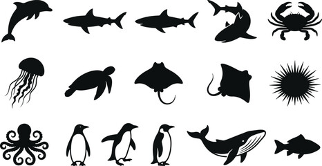 Sea Animal Silhouettes Collection Featuring Shark Dolphin Whale Octopus Turtle Penguin Jellyfish Crab and Stingray Icons for Creative Marine Wildlife Design © Arifa