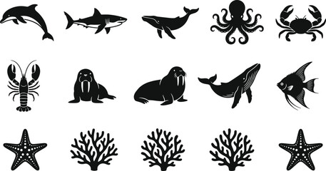 Comprehensive Marine Life Silhouette Collection Featuring Shark Dolphin Whale Octopus Walrus Lobster Starfish Coral and Tropical Fish Icons for Creative Designs © Arifa