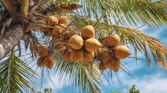Coconuts growing on a lush and fruitful coconut tree.