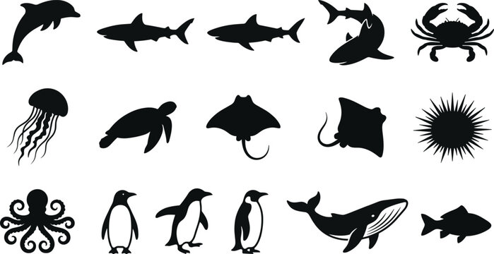 Sea Animal Silhouettes Collection Featuring Shark Dolphin Whale Octopus Turtle Penguin Jellyfish Crab and Stingray Icons for Creative Marine Wildlife Design