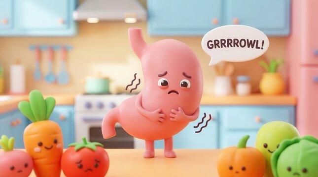Cartoon human stomach character feeling hungry in a colorful kitchen setting.