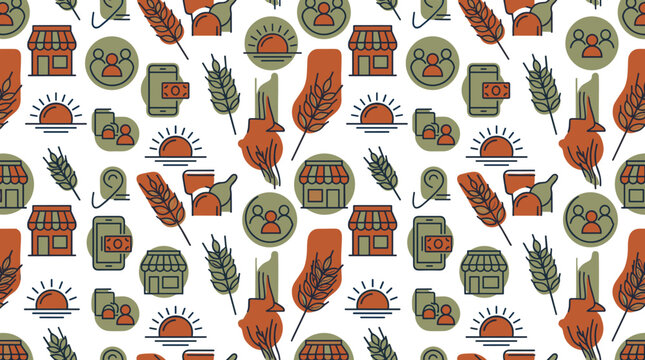 Seamless pattern of microfinance and small business icons in earthy tones