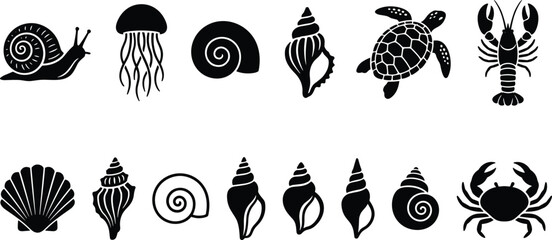 Vector silhouettes set of marine life and seashells including turtle jellyfish lobster crab snail and various sea shells isolated on white background © Arifa