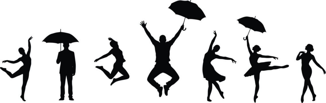 Vector silhouettes set of people dancing jumping and holding umbrellas featuring ballet dancers a man in a suit and joyful poses