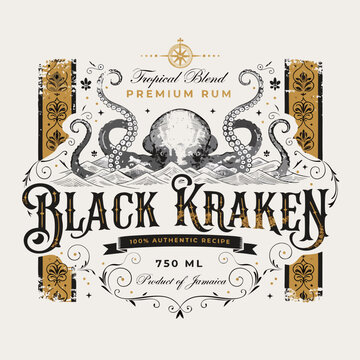 Black Kraken rum label showcases a detailed octopus illustration combined with elegant nautical elements for a sophisticated tropical spirit brand.