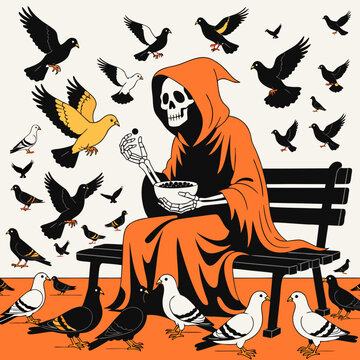Grim reaper sits on a wooden park bench while feeding a flock of pigeons in a public space.