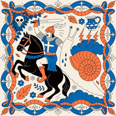 Obraz premium Knight riding a horse battles a giant snail in this whimsical medieval style fantasy illustration.