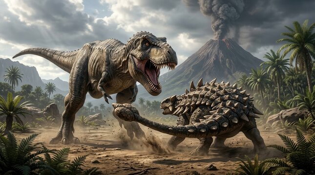 Tyrannosaurus rex lunging to attack an armored Ankylosaurus in a prehistoric landscape.