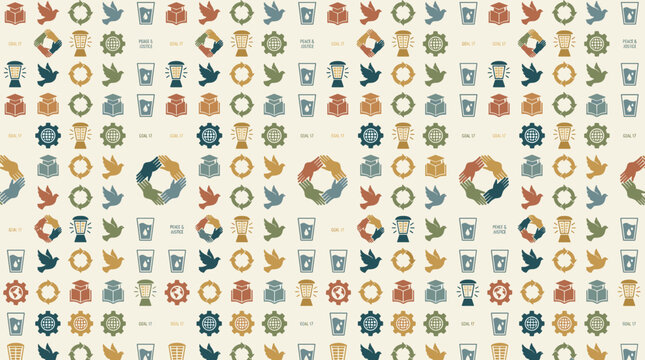 Sustainable development goal icons and global cooperation symbols arranged in a sophisticated seamless repeating pattern for