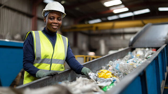 Positive African American woman in hard hat and safety vest, sorting recyclables on a conveyor belt at a waste management facility, focus on sustainability