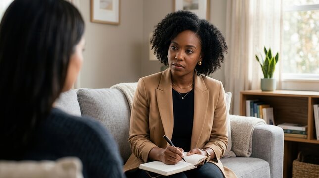 An attentive therapist listens to a client during post-trauma therapy session.