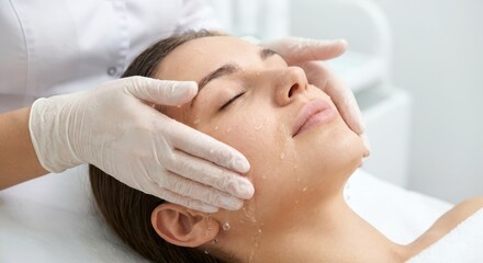 Naklejka premium Close-up of a woman receiving a gentle facial massage with water droplets on her skin during a spa treatment.