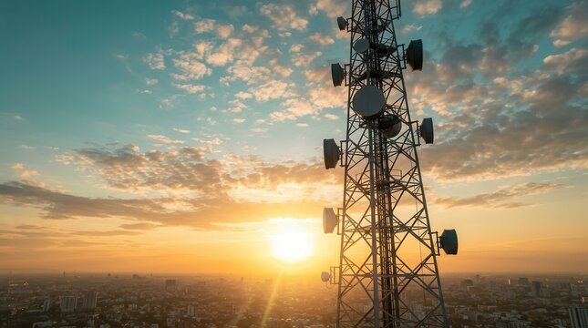 A communication tower stands tall against a stunning sunset sky.
