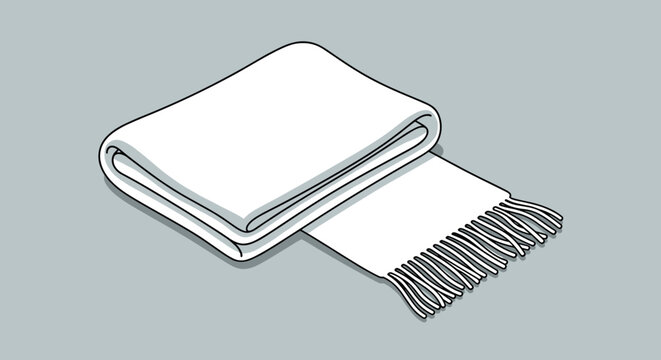 Illustration of a neatly folded white wool blanket with fringes on a neutral gray background for home decor themes.