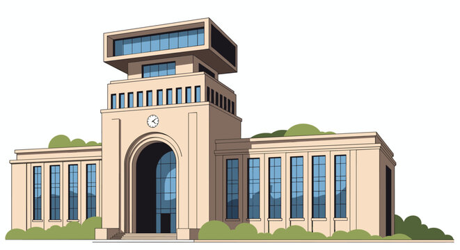 Grand institutional building features a tall clock tower and large arched entrance with modern architectural elements for a university or bank.