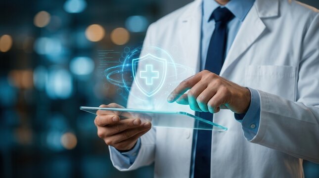 Faceless doctor using a tablet to interact with a futuristic medical hologram shield icon for patient data security.