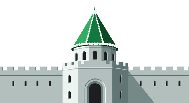 Historic fortress wall and watchtower with vibrant green conical roof stands as a symbol of ancient architectural defense.