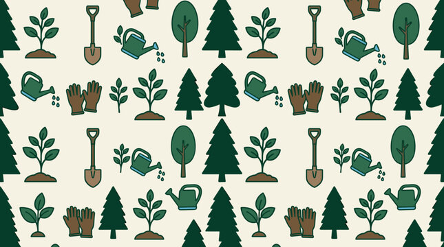 Tree planting campaign icons and reforestation symbols arranged in a seamless repeating pattern for environmental conservation use