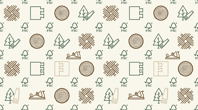 Renewable timber icons and sustainable forestry symbols arranged in a sophisticated seamless repeating pattern for woodworking