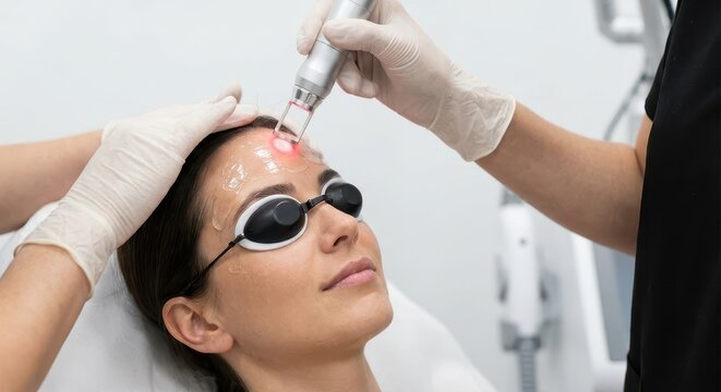 Woman receiving laser facial treatment with protective goggles and gel for skin rejuvenation and beauty.