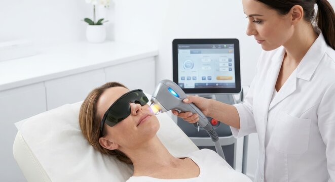 Aesthetician performing laser skin treatment on a woman's face with protective eyewear in a modern clinic.