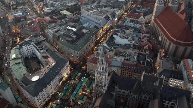 An aerial panorama view around the old town in the capitol city Munich during the Christmas time ona cloudy afternoon.