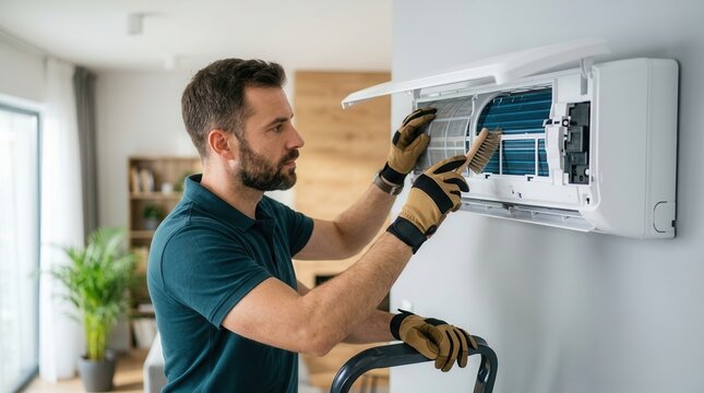 Professional technician performing air conditioner maintenance by cleaning the filter.
