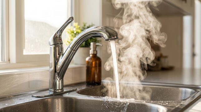 Steaming hot water flowing from a chrome faucet to symbolize efficient water heating.