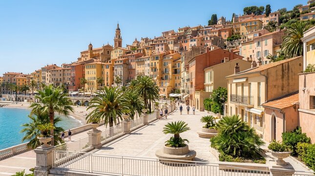 Scenic old town architecture of Menton on the French Riviera in Provence-Alpes-Cote d'Azur.