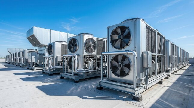 Large industrial air conditioning and ventilation units installed on a commercial building rooftop.