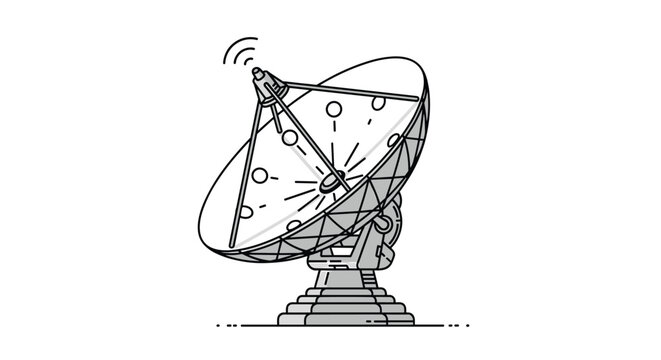 Large parabolic satellite dish antenna in black and white line art is designed for receiving and transmitting global communication signals.