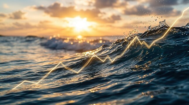 Rising stock market graph superimposed on ocean water droplets representing growth.