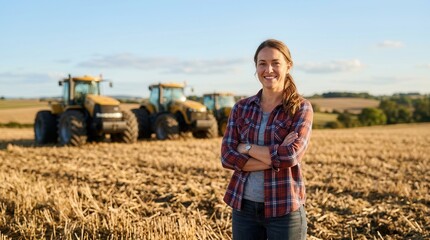 Fototapeta premium A confident female farmer posing with arms crossed in front of yellow tractors.