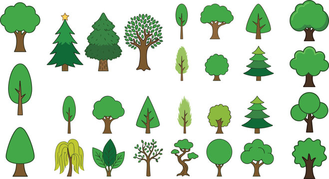 Large Collection of Green Cartoon Tree Icons Featuring Pines Deciduous and Stylized Foliage for Nature and Environment Projects