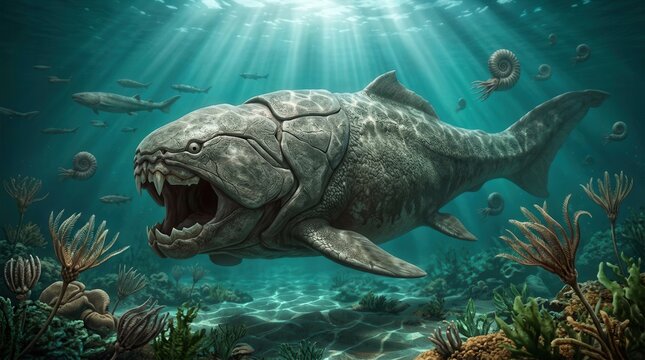 Massive armored Dunkleosteus swimming in the ancient Devonian ocean among prehistoric fish and ammonites.